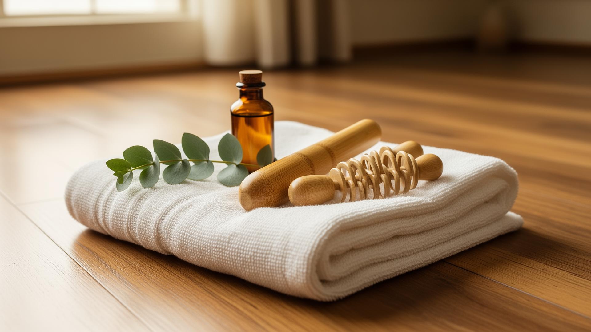 Folded linens, bamboo tools and amber oil bottle ready for a session